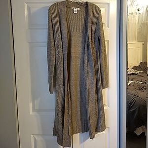 Duster, grey & tan knit long sweater cardigan